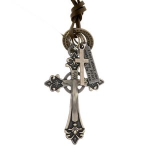 Florale Jesus-Kreuz-Halskette, Retro-Buchstabe, ID-Ring, Charm, verstellbare Kette, Leder-Halsketten für Damen und Herren, Modeschmuck, Geschenk