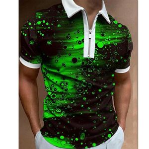 Polos Polos Green Shirt Men Galaxy Printowane koszule 3D Zipper Poloshirt Casual Streetwear Krótkie rękawie gotyckie męskie odzież Polosmen's Polosmen's