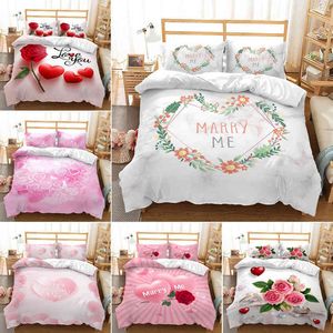 Love Theme Bedding Set Romantic Couple Duvet Cover Rose Floral Print Comforter Pillowcases King for Kids Adults Room Decor