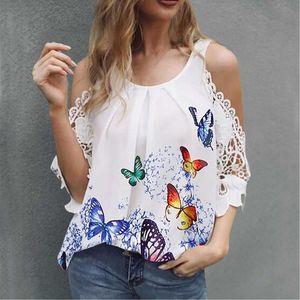 Bluzki damskie koszule 2022 moda lato Off The Shoulder topy kobiety dorywczo luźna koronkowa bluzka z rękawami kobieta nadrukowany motyl T Shirt Tan