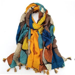 Fashion Gold Ginkgo Biloba Petal Neckerchiefs Floral Tassel Viscose Shawl Scarf High Quality Wrap Pashmina Stole Bufandas Muslim Hijab Sjaal