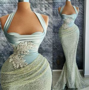 Halter Mermaid 2022 Evening Dresses Satin Sleeveless Sexy Beaded Sequins Crystals Lace Applique Custom Made Prom Party Gowns Floor Length Vestidos