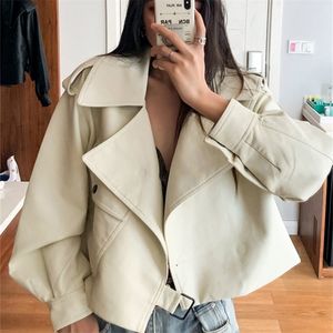 Ftlzz Spring Autumn Kobiety Faux skórzana krótka kurtka Lapel Motorcycle Punk Pu Coat Loose Streetwear Solid Kolor Obiter 220815