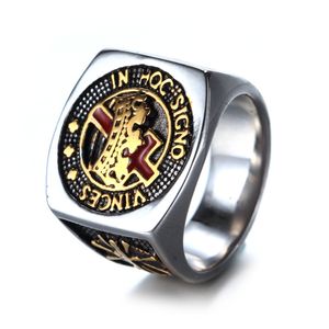 Guld silver två ton rostfritt stål ring masonic riddare templar kors ringar med kristall cz stenar graverade i hoc signo vinces hotsale kvadrate smycken