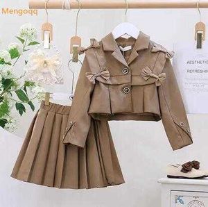 Autumn Clothes Set Children Girls Full Sleeve Solid Bow Single-breasted Coat Suit Pleated Skirt Kids Baby 2pcs 2-9Y