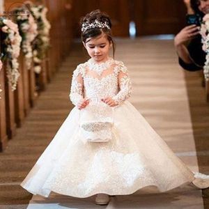 Ucuz Fildişi Uzun Kollu Balo Dantel Çiçek Kız Elbise 2022 Papyon Geri Payetler Prenses Kız Elbise Robe Princesse Enfant