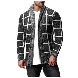 남자 캐주얼 격자 무늬 프린트 긴 슬리브 싱글 가슴 탑 스웨터 조끼 격자 무늬 긴 소매 니트 스웨터 재킷 L220730
