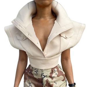 Apricot Turn-Down Collar Jackets Single Breasted Crop Top Women Flying Sleeve Casual Vest Coat Autumn Fashion Streetwear