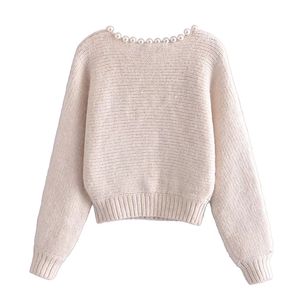 Women's Knit Round Neck Sweater With Faux Pearl Beads, Long Sleeves, Casual Warm Pullover Top For Winter