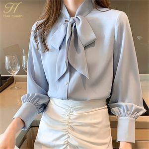 H Han Queen Ankomstskjorta Kvinnor Blus Vintage Work Casual Tops Chiffon Blue Bow Elegant Loose Women Business Shirts 220812