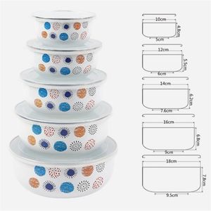 5Pcs/ salad enamel bowl Set Creative Flower Animal Enamel Bowls Salad Food Bowls with Plastic Covers for Home Kitchen 220408