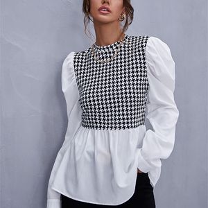 Women Elegant Houndstooth Shirt Fashion Ruffle Stitching Fluffy Long Sleeve Top Casual Chic Ladies Blouse Office White Shirts 220407