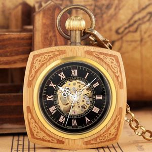 Pocket Watches Royal Square Bamboo Automatisk mekanisk klocka Special utan täckning Digital kedja Face Eloy Pendant Halsband Malepocket