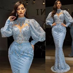 Halter Long Sleeves Appliques Prom Dresses Sequins Ruffles Evening Dress Custom Made Plus Size Blue Mermaid Women Formal Celebrity Party Gown