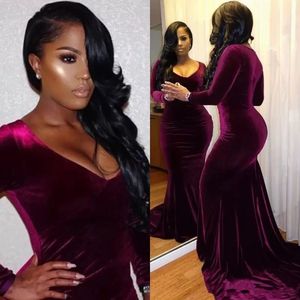 Beautiful Burgundy Velvet Mermaid Prom Dresses 2022 Court Train Sexy V Neck Long Sleeve Prom Party Gown For Graduation