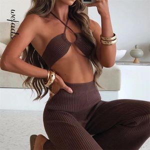 Wefads Woman Jumpsuit Two-Piece Set Drawstring Halterneck Casual Suit Sexig Club Party Style Summer 220509