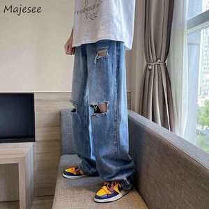 Zgrane dziury dżinsy mężczyźni Summer Bagghisted S-3xl mopping jeansowe szerokie spodnie nogi spodni swobodny retro hip-hop koreańskie dno mody g0104