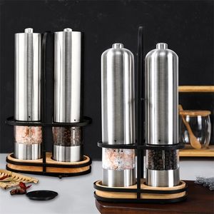 2 Pcs Stainless Steel Electric Salt and Pepper Mill Set Automatic Herb Spice Grinder Adjustable Coarseness Gifts Kitchen Gadget 220510
