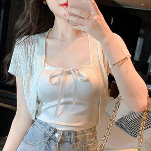 Women's Knits & Tees Women Cardigan 2022 Short Sleeve Shrug Bolero Casaco Feminino Slim Woman Lace Up Sweaters Outerwear Knitted Cover-upsWo