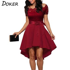 Элегантное красное кружевное платье Женское лоскутное стекло шея с коротким рукава