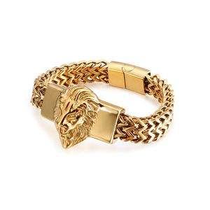 Large Casting Biker Lion Head ID Bracelet Figaro Chain Stainless Steel Bangle For Mens Fashion Gifts Jewelry 12mm 8.66 Inch 96g Weight Silver Gold