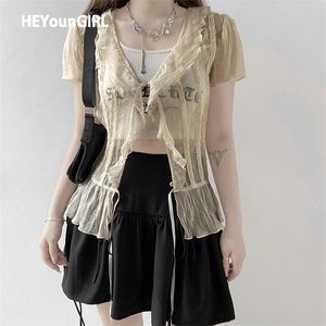 HEYounGIRL Mesh Transparent Short Sleeve T-shirt Ladies Summer See Through V Neck Ruffles Tee Shirt Women Drawstring T 220328