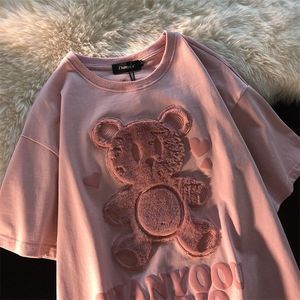 日本の愛のベアカップルTシャツの女性かわいい半袖トップス夏の特大の緩いカジュアルな女性ティーシャツ服220422