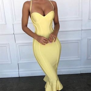 High Quality Pink Yellow Knee Length Rayon Bandage Dress Evening Party Elegant Dress T200113