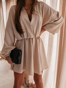 Wholesale simple long dresses for sale - Group buy Casual Dresses Spring Summer Fashion Long Sleeve V Neck Mini Dress Lady Loose A Line Simple Solid Color Pleated Women DressesCasual