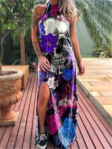 Ärmelloses Sommerkleid mit Totenkopf-Blumendruck, Neckholder, für Damen, Punk-Gothic-Stil, sexy Midi-Schulterfrei, eleganter Seitenschlitz, es 220521