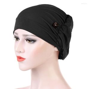 Beanie/Skull Caps 2022 Fashion Women Flower Muslim Buttons Hat Beanie Scarf Turban Head Wrap Cap Solid Color Headwear Lady Hats Delm22