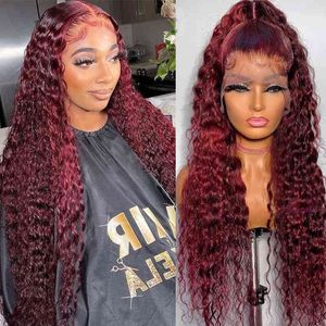 Nxy Wigs Xq 34 Inch 99j Burgundy Deep Curly Lace Front Human Hair s Red Colored Brazilian Wave Frontal for Women 220528