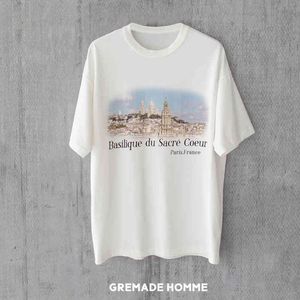 Balencaigass de alta qualidade designer camiseta algodão impressão digital Paris igreja igreja masculina e feminina silhueta solta manga curta