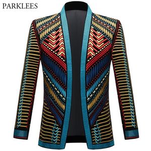 Vintage Colorful Embroidery Suit Jacket Blazer Men Velveteen Jacket Ethnic Style Striped Singer Stage Costume Casual Cardigan 220504