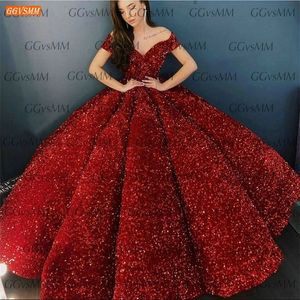 Glitter Red Evening Gowns Pageant Off Shoulder Sequined Lace Up Ball Gown robe de soiree Long Custom Made Gala Formal Dress LJ201224