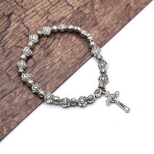 Link Chain Metal Rose Flower Cross Beads Jesus Christ Rosaries Bracelet Crucifix Religious Catholic Prayer Jewelry Confirmation Gifts Fawn22