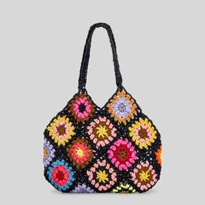 Bohemia Crocheted Hollow Shoulder Bag for Women Ethnic Style Bucket Cotton Woven s Ladies Vintage Plaid Handbags 220801