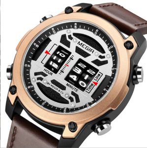 2142 Hot Selling Men's Quartz Watches Fashion Sports Multifunktionell Dual Time 30m vattentät rund lysande läderarmband klocka