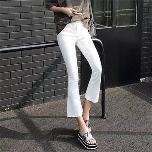 MingJieBiHuo Mode Frau Jeans Koreanische neue Ankunft OL Dame Casual Jeans mit Reißverschluss mittlere Taille solide Flare Jeans plus Größe LJ201013