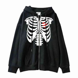 Skeleton Zipper Hoodie Men Women Y2K Harajuku Long Sleeve Sweatshirt Vintage Oversized Hooded Jackets Streetwear Gothic Pullover Y220803