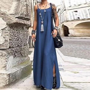 カジュアルドレス女性サマーストリートウェアプラスサイズ通気性のあるノースリーブソリッドカラー調整可能なストラップスライトヘムロングドレス
