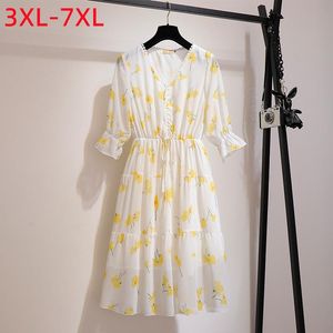 플러스 사이즈 드레스 2022 여름 여성 쉬폰 드레스 큰 느슨한 짧은 슬리브 플로럴 프린트 주름 3xl 4xl 5xl 6xl 7xl