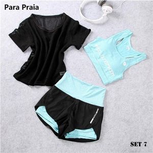 Para praia hög midja tre stycken yoga uppsättning sportkläder kvinnor bh fitness väst shorts gym träning 220330