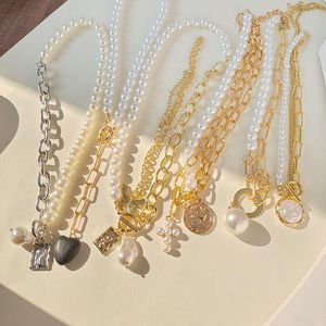 Pendant Necklaces Asymmetry Metal Chain White Imitation Pearl Cross Square Coin People Avatars Shell Double Layer Stacking Sweater NecklaceP