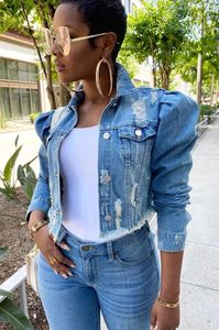 2021 woman jacket Frayed jean jacket women puff sleeve denim jackets short punk fashion womens fall jackets cropped