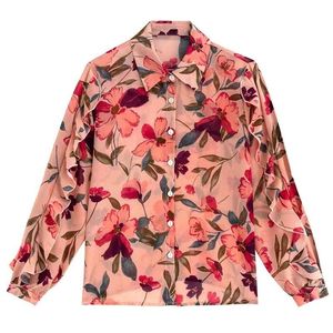 Blusa das mulheres chiques PLUSTURAS CHIFFON FLORAL CHILFON BORTUROFLEFL SLUVE BLUSS MULHERES MUNDAS TOPS LONGA BLUSAS MUJER 210702