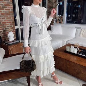 Wiosna Nowa przyjęcie biały koronkowy pełny rękaw dla kobiet długa sukienka T200603