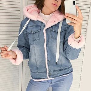 Winter Denim Jacket Short Tops Plus Velvet Thick Detachable Hooded Coat Plus Size 2Xl Warm Ladies Jeans Jacket 201029