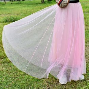 Women Vintage Skirts Women Elastic High Waist Tulle Mesh Skirt Long Pleated Tutu Skirt Female Boho 3 Layer Skirts 210311