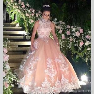 Eleganckie sukienki z koronkami wysokiej szyi Quinceanera Tiul koronka z koralikami suknie balowe długość podłogi PROM PROCES SURESS SURESSE